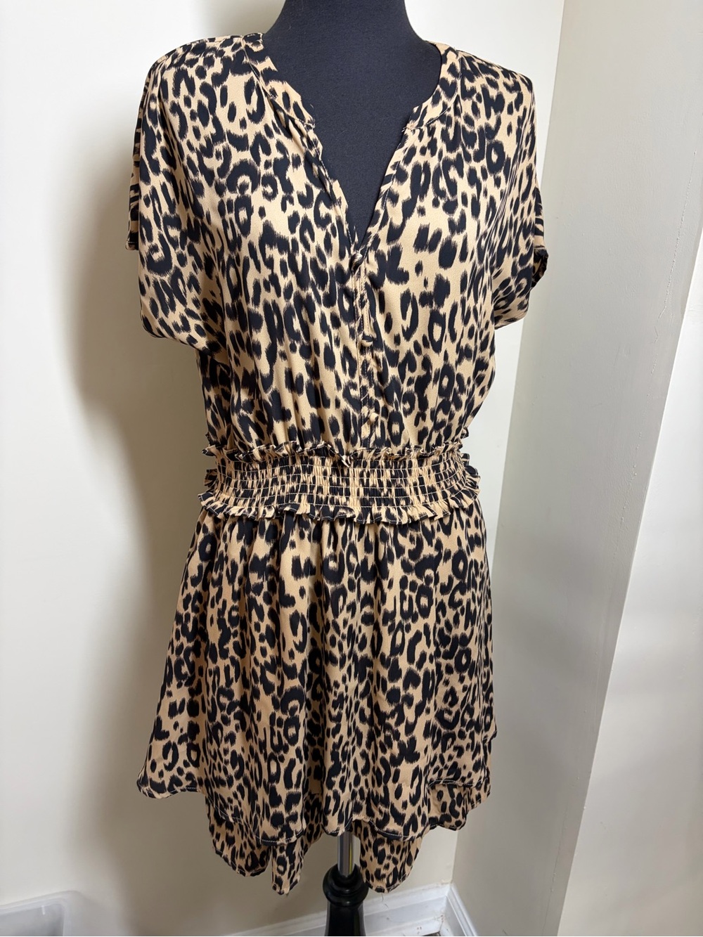 Sienna Sky Leopard Print Mini Dress in Beige and Black
